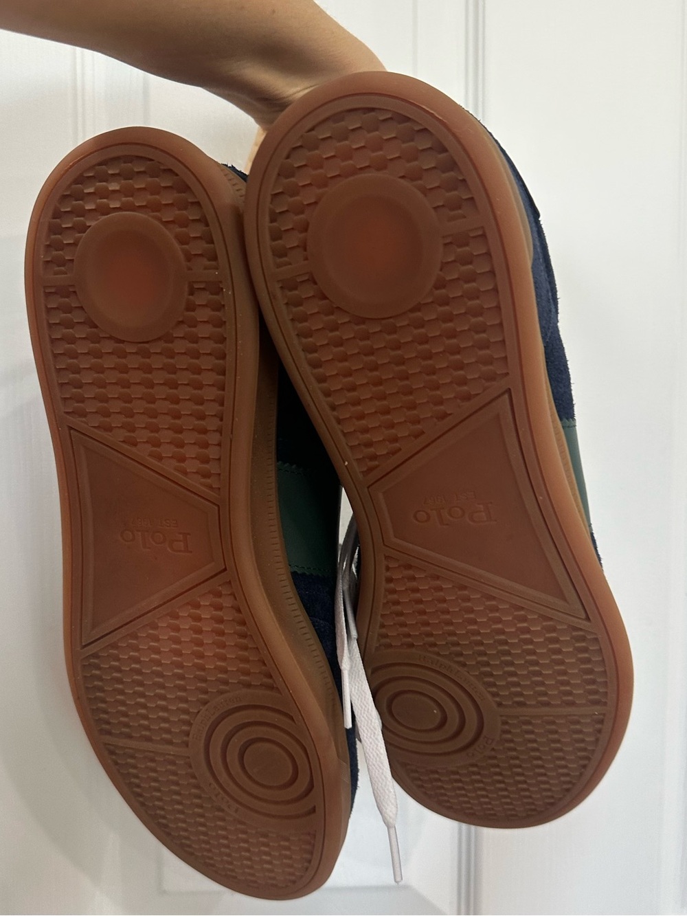 Polo by Ralph Lauren Navy Suede Sneaker with Green Panel & Yellow Logo - Picture 9 of 9